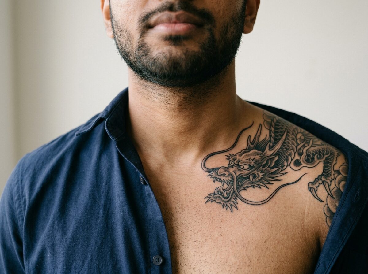 Dragon tattoo along the collarbone on a man