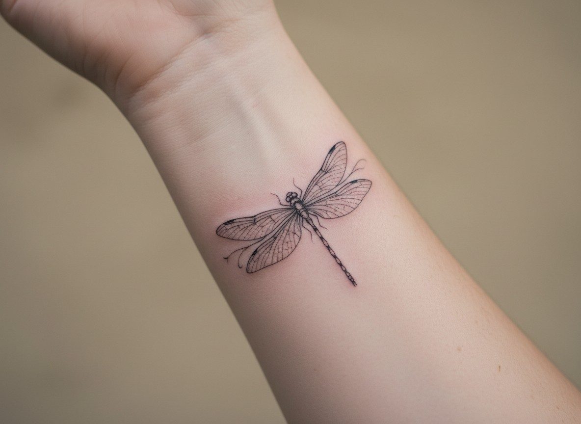 Dragonfly tattoo meaning: fine line dragonfly on the inner forearm