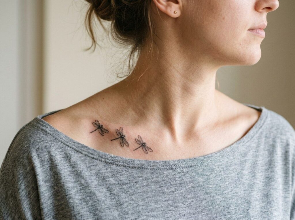Dragonfly tattoo meaning: three dragonflies on the collarbone