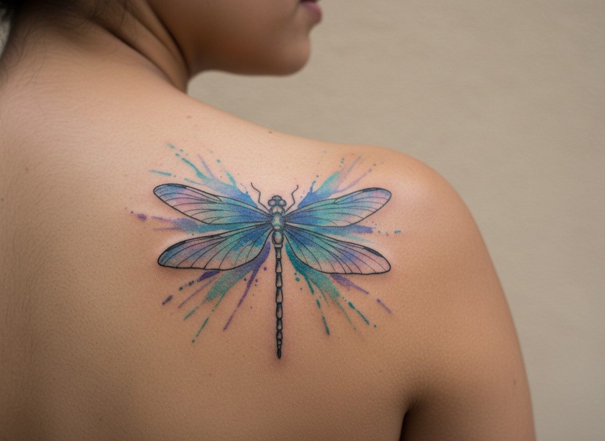 Dragonfly tattoo meaning: watercolor dragonfly on the shoulder blade