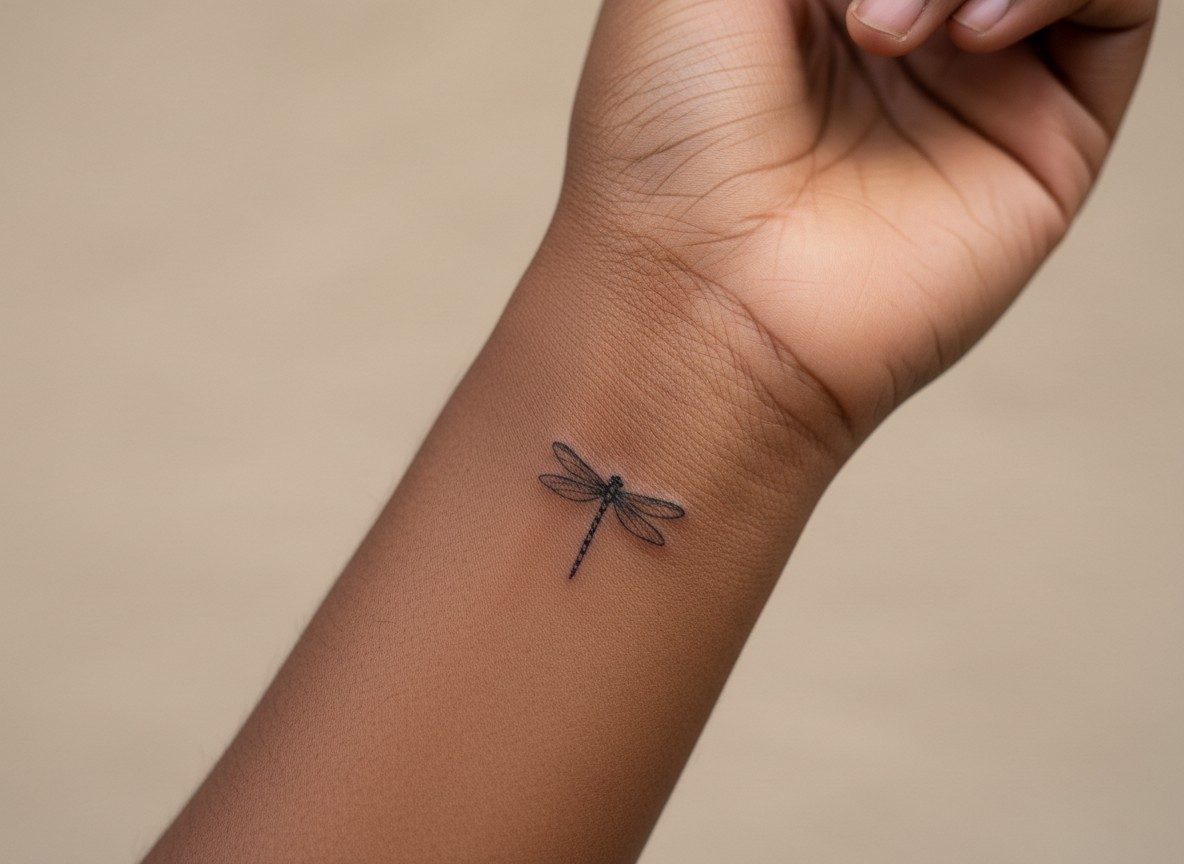 Dragonfly tattoo meaning: tiny dragonfly on the inner wrist