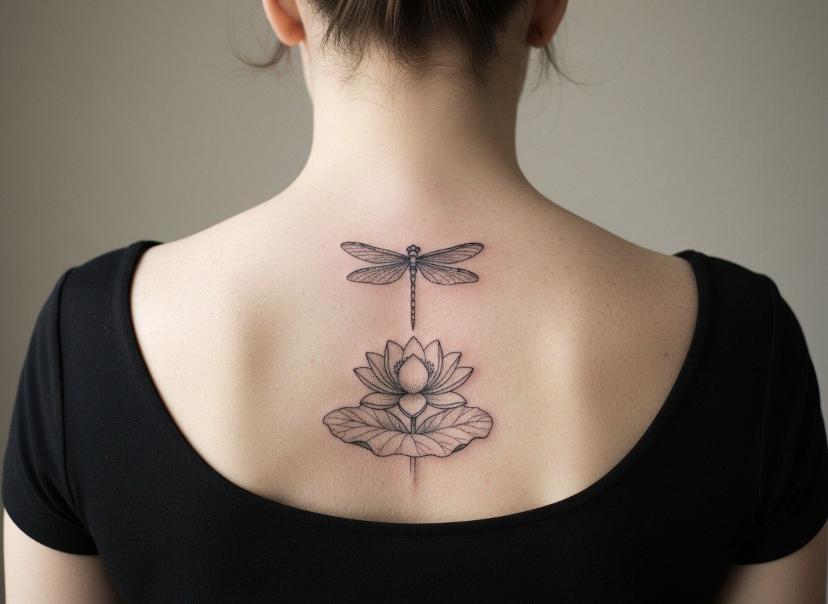 Dragonfly tattoo meaning: dragonfly and lotus on the upper back