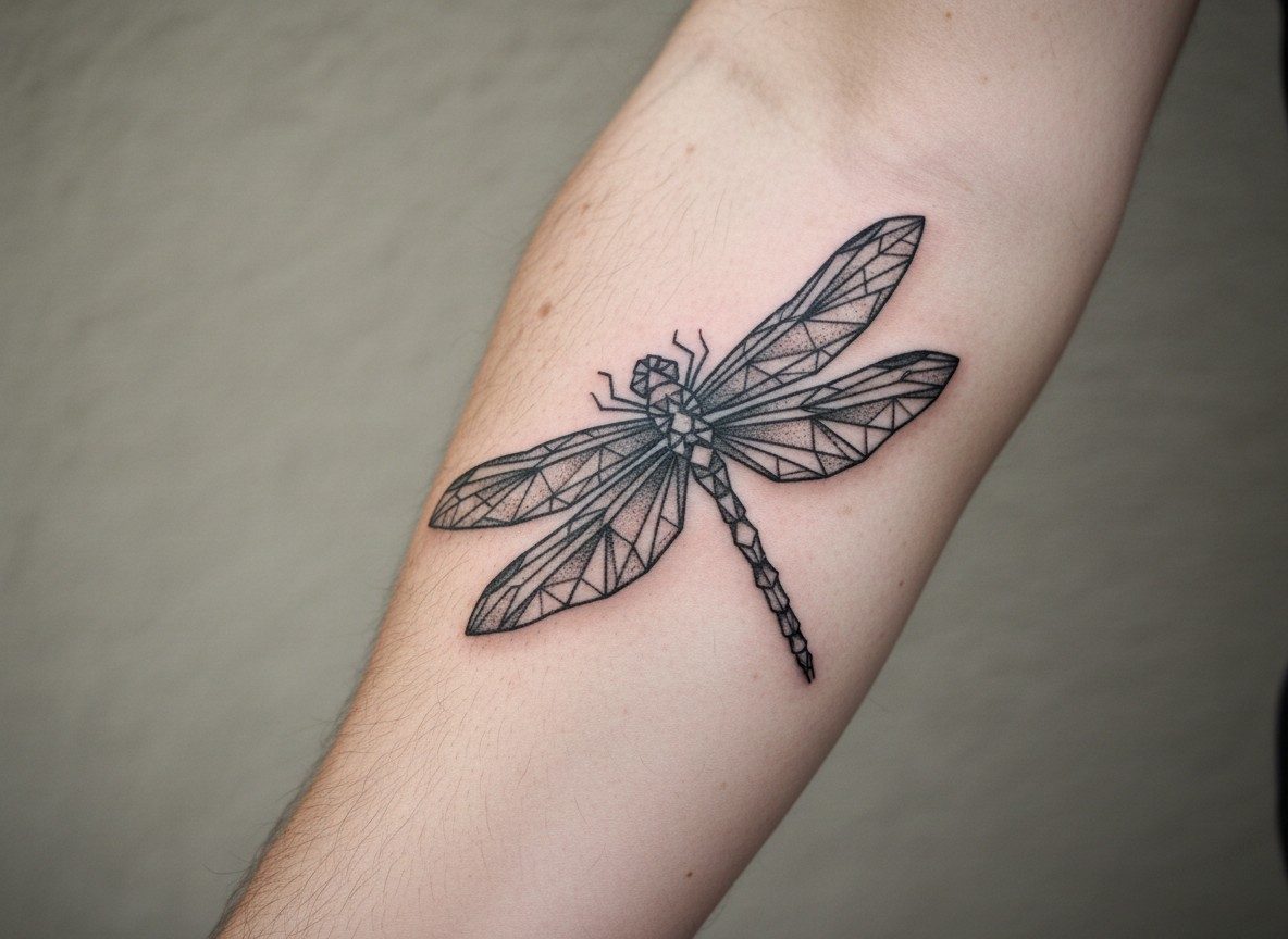 Dragonfly tattoo meaning: geometric dragonfly on the forearm