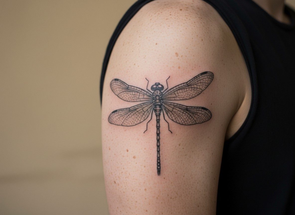Dragonfly tattoo meaning: realistic dragonfly on the upper arm
