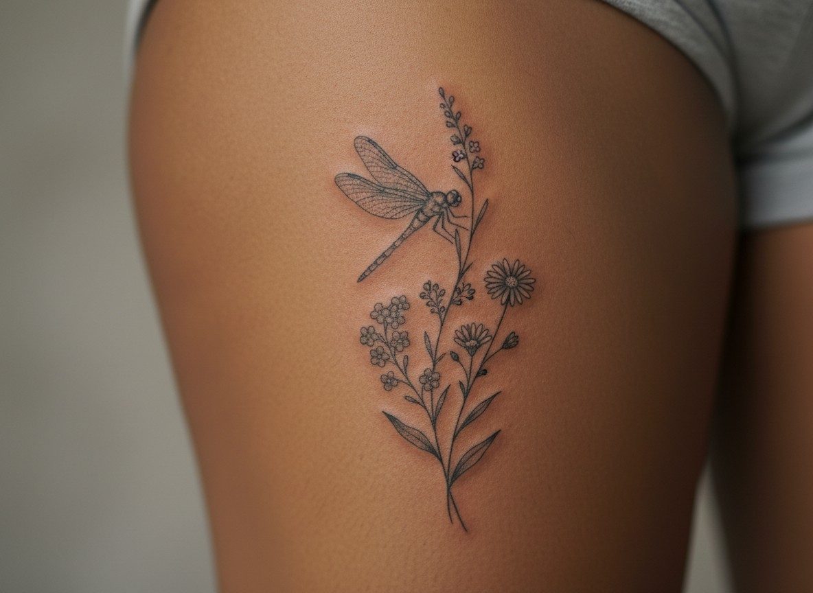 Dragonfly tattoo meaning: dragonfly with flowers on the outer thigh