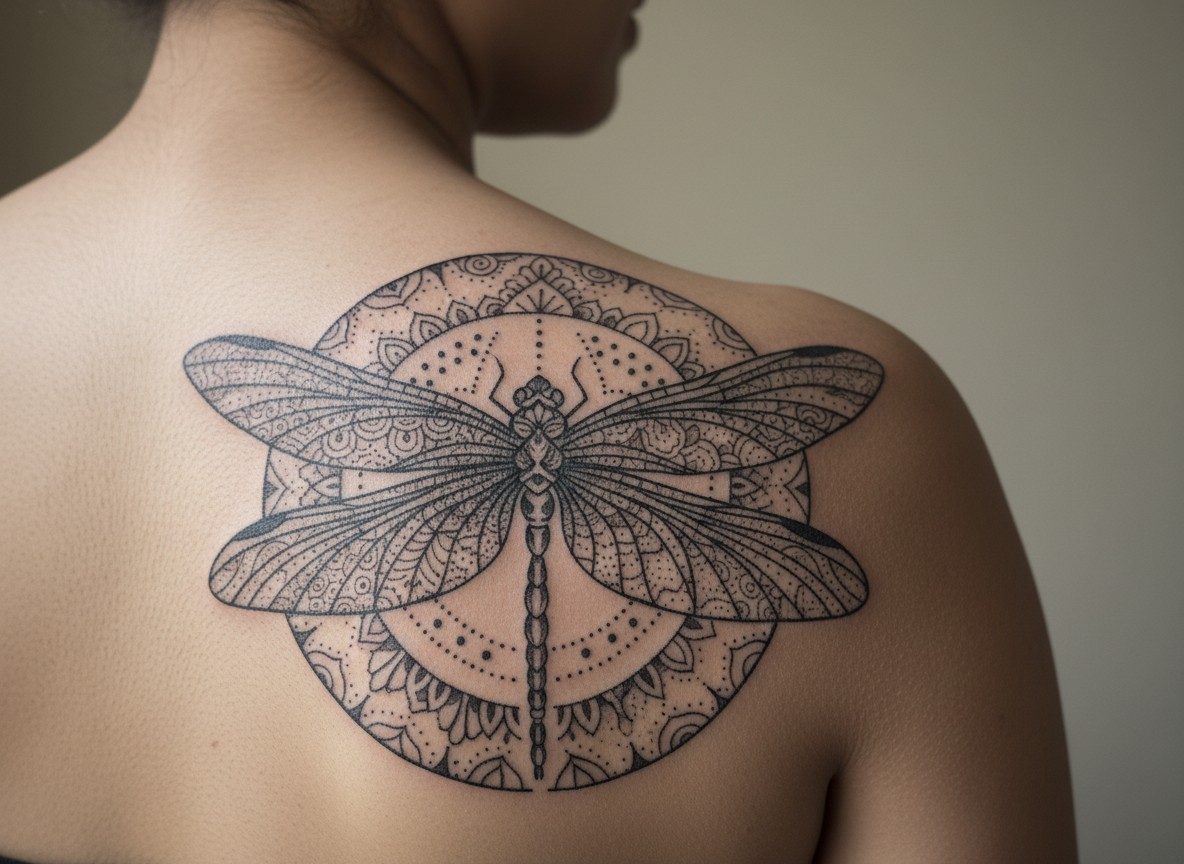 Dragonfly tattoo meaning: mandala dragonfly on the back of the shoulder