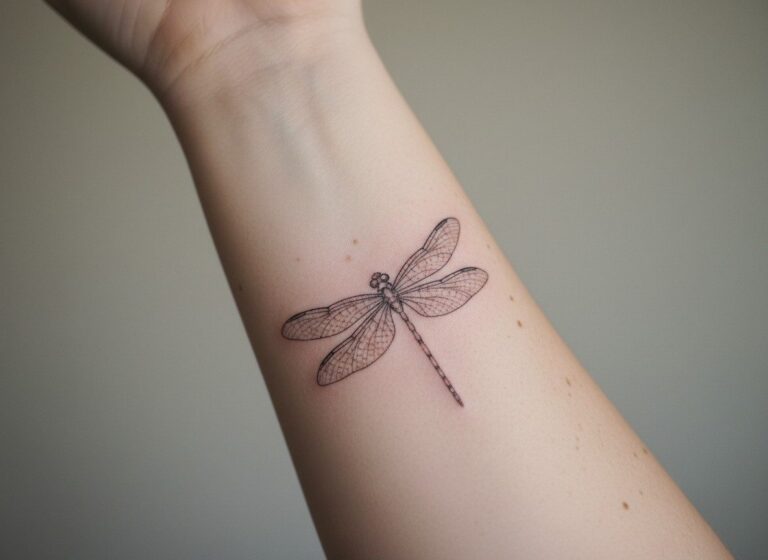 Dragonfly tattoo meaning: fine line dragonfly on the inner forearm