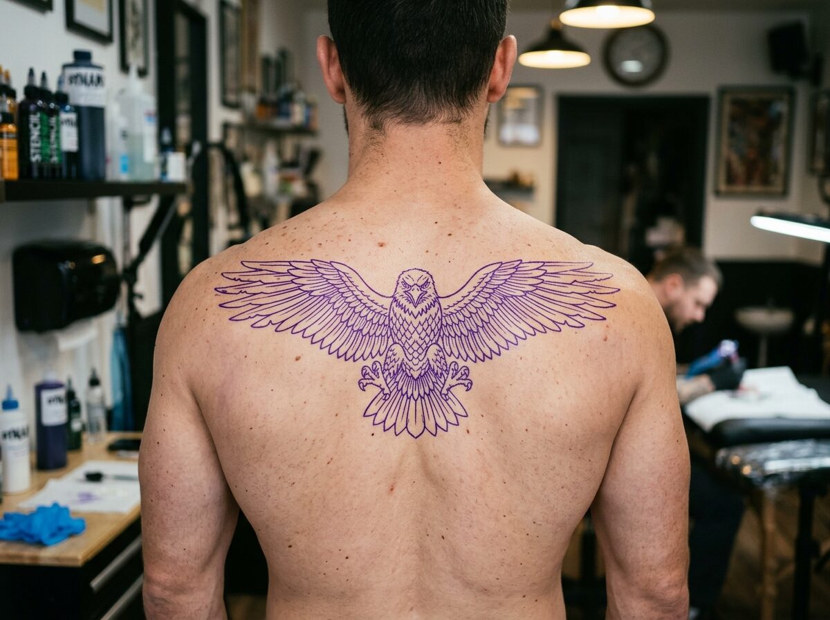 Eagle with spread wings tattoo stencil across a man's upper back