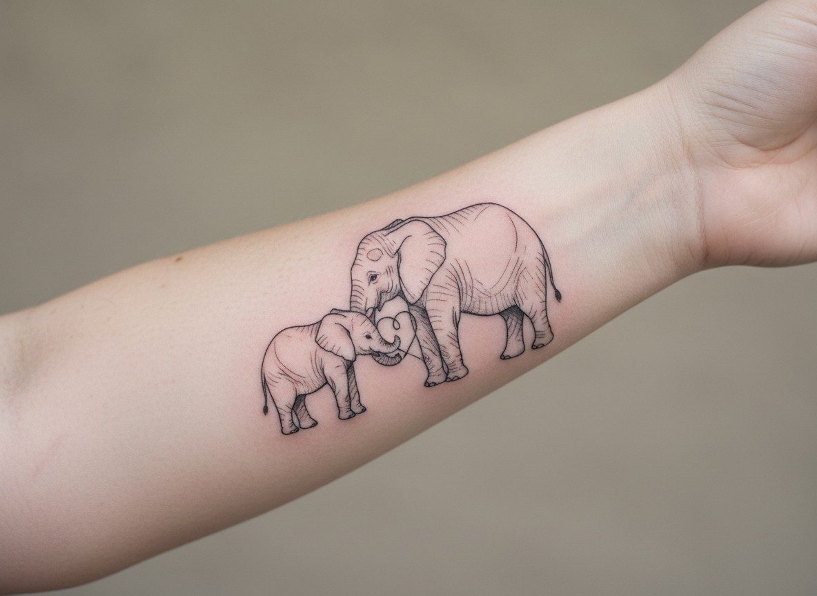 Elephant tattoo: mother and baby elephant on the inner forearm