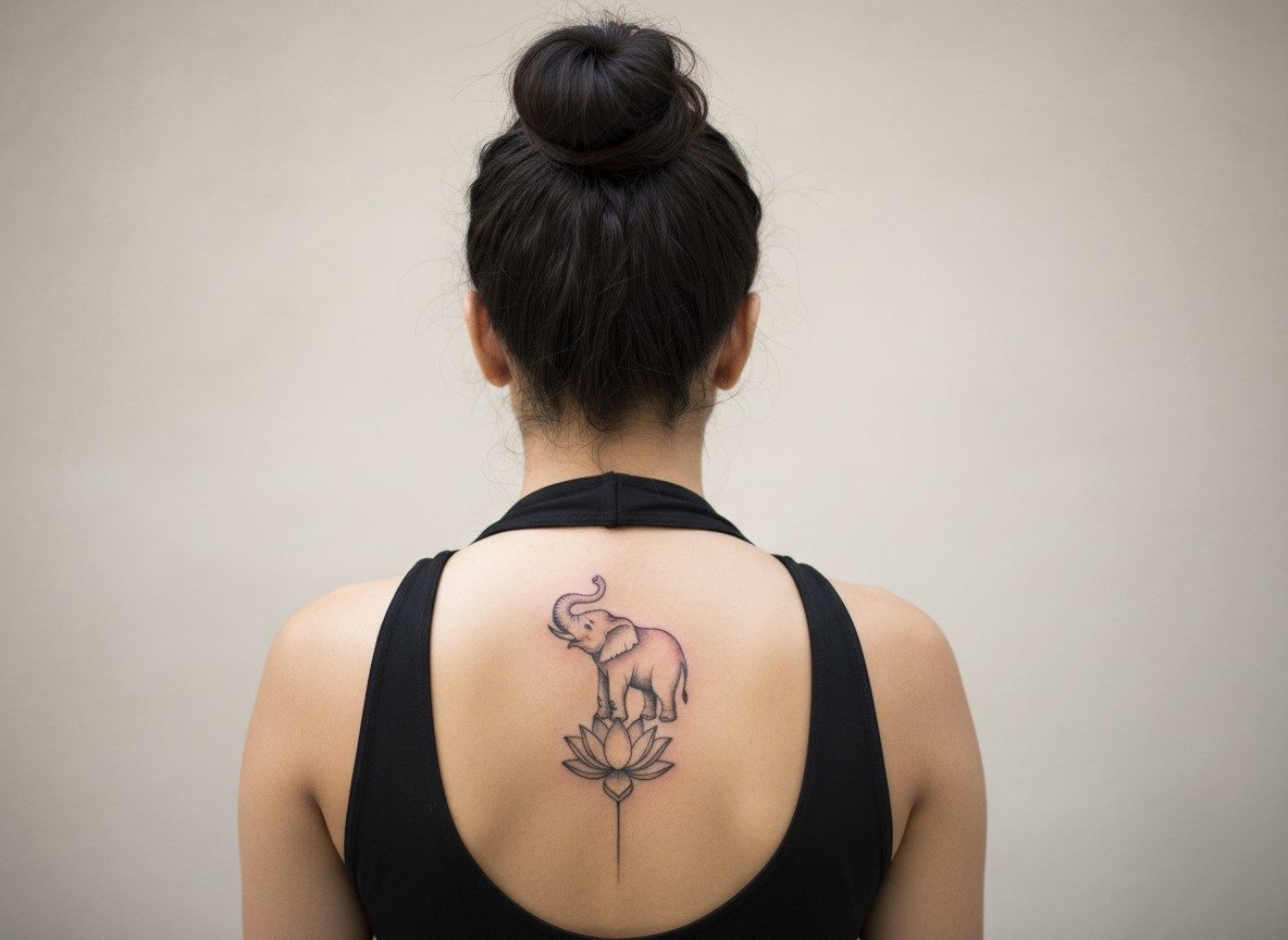 Elephant and lotus tattoo on the upper spine