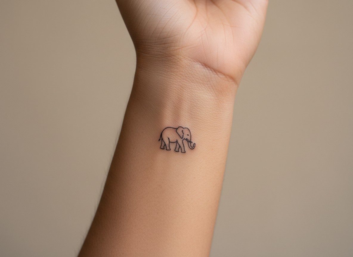 Minimalist elephant outline tattoo on the inner wrist