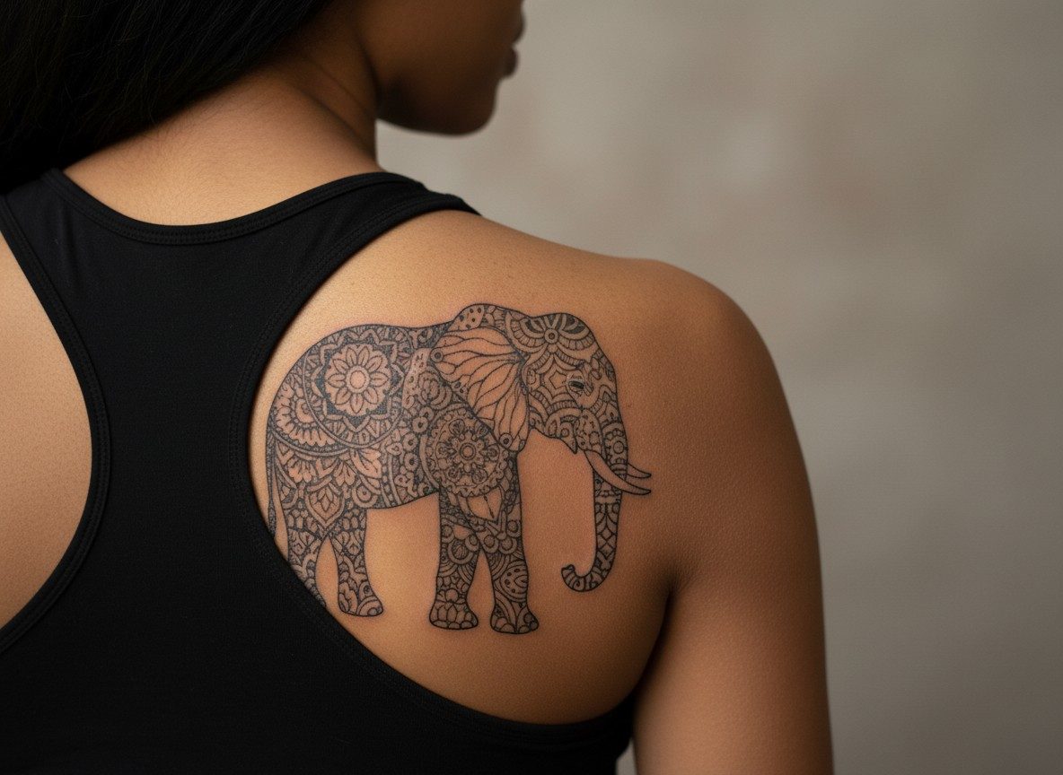 Mandala elephant tattoo on the shoulder blade