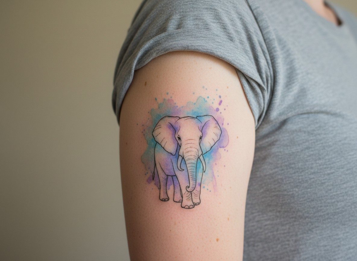 Watercolor elephant tattoo on the upper arm