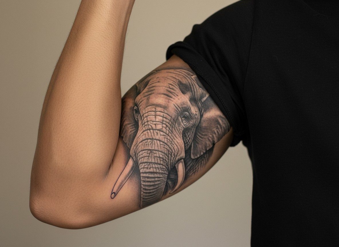 Realistic elephant portrait tattoo on the upper arm