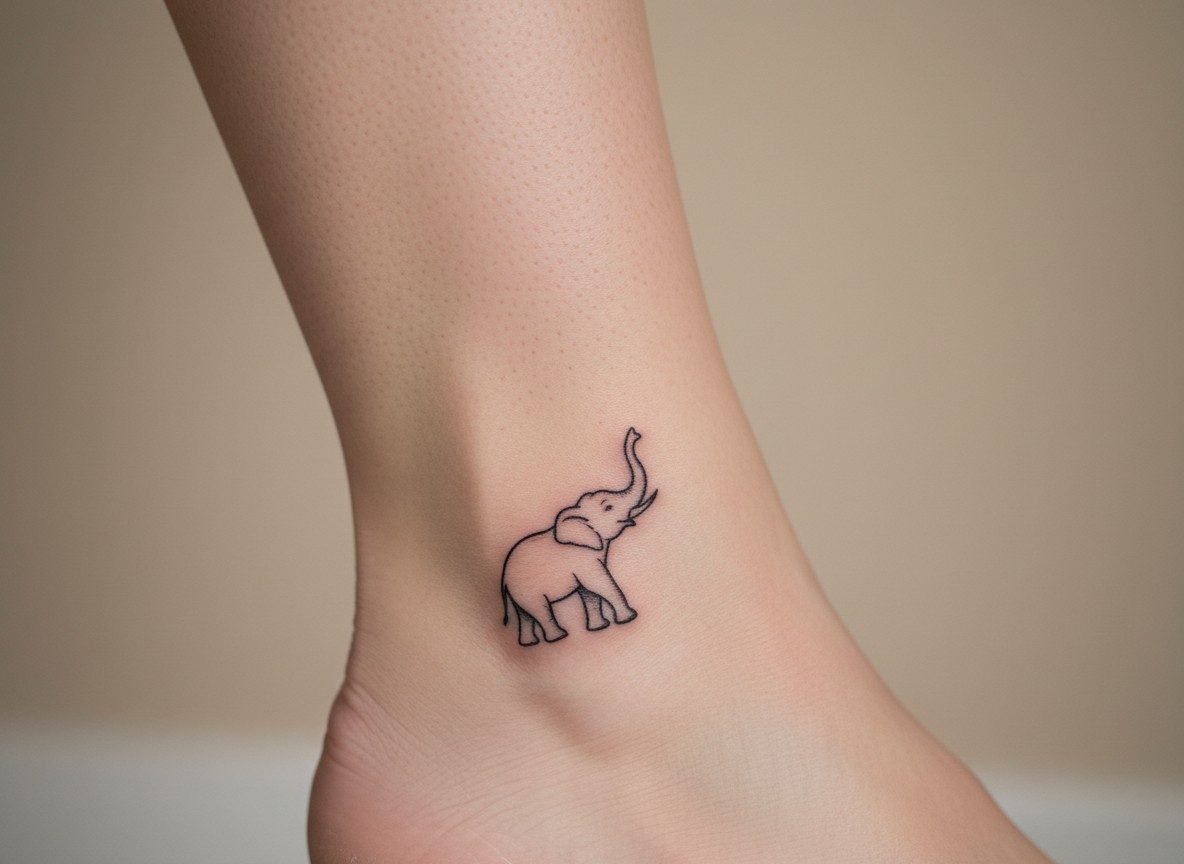 Elephant with trunk up tattoo on the ankle