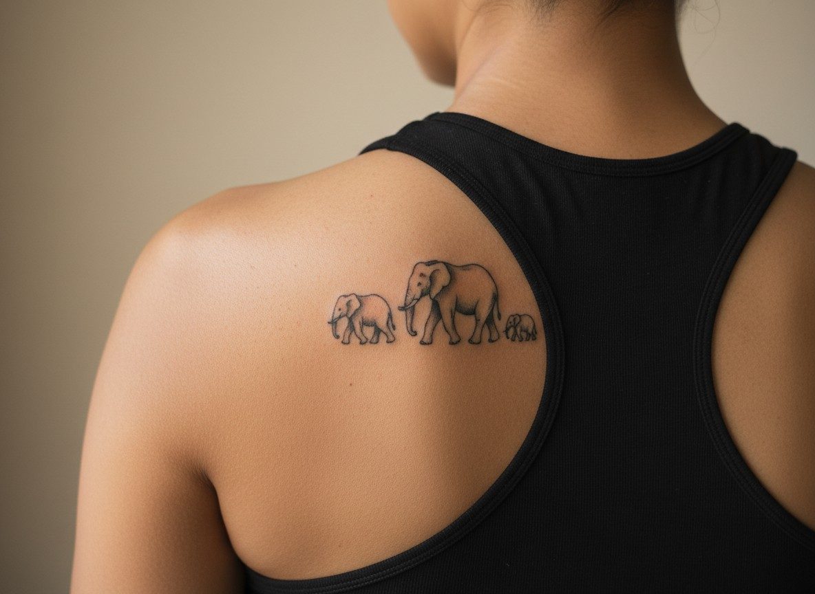 Elephant family of three tattoo on the back of the shoulder