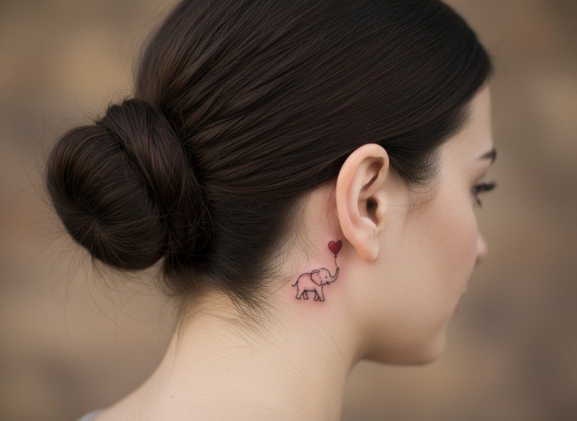 Tiny elephant with heart balloon tattoo behind the ear