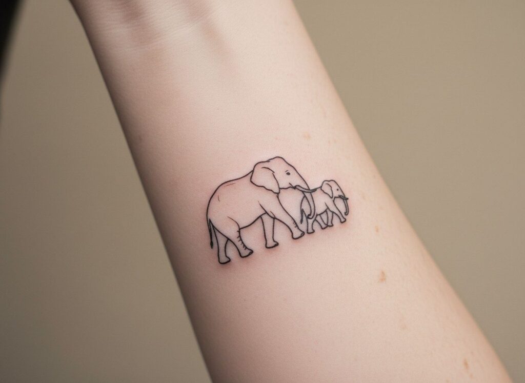 Elephant tattoo: mother and baby elephant on the forearm