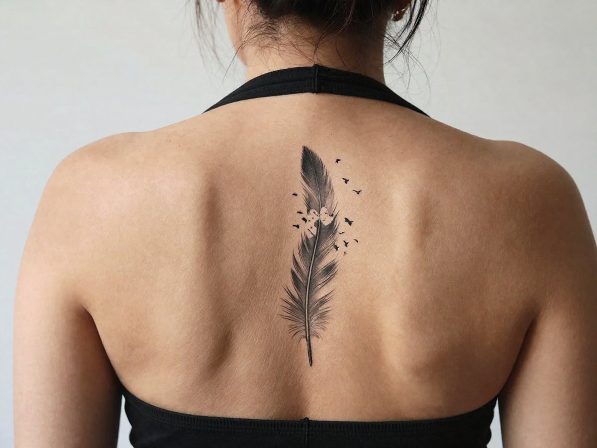 Long feather breaking apart into a flock of small birds tattoo on the spine