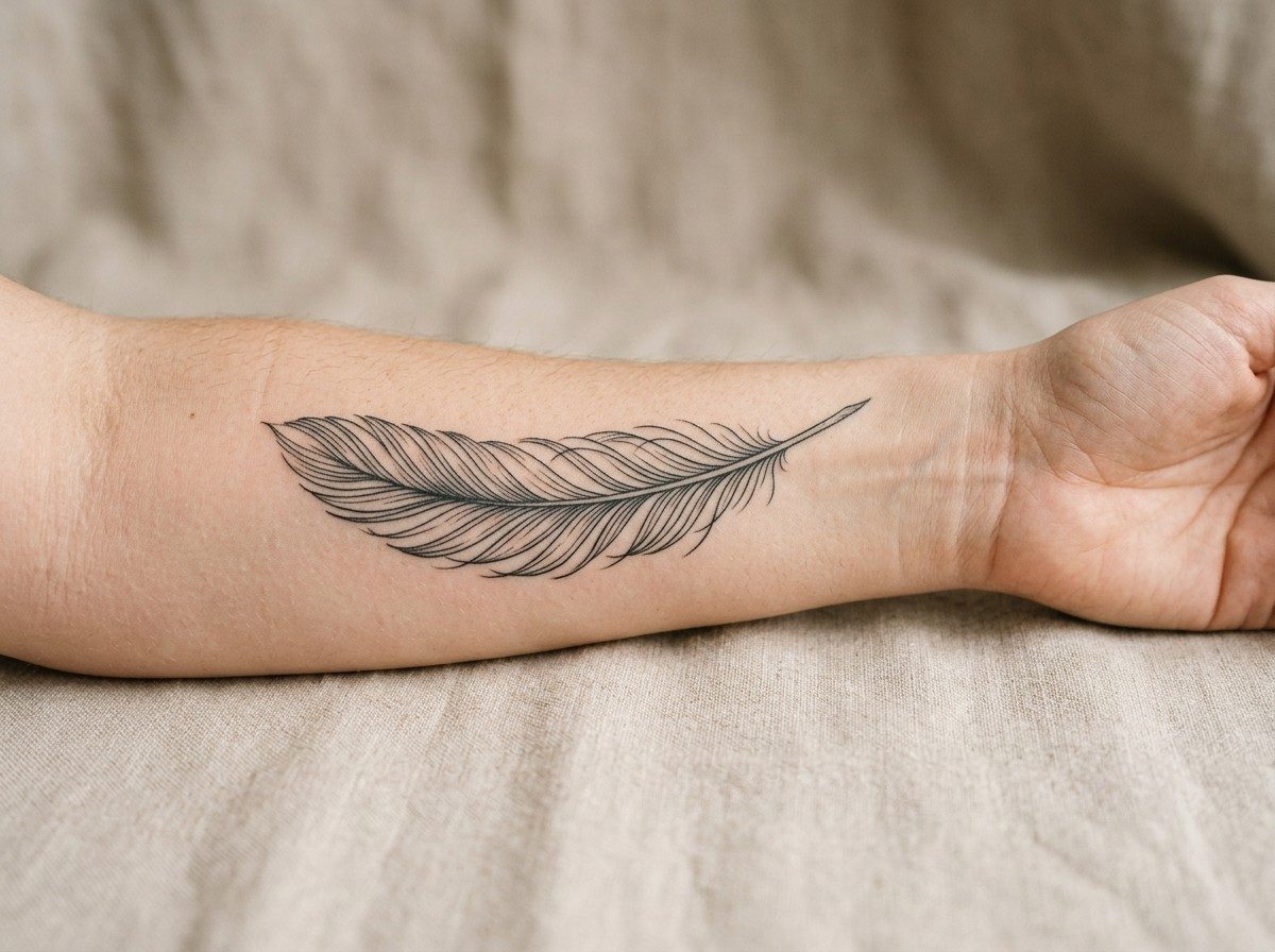 Feather tattoo: single fine line feather on the inner forearm