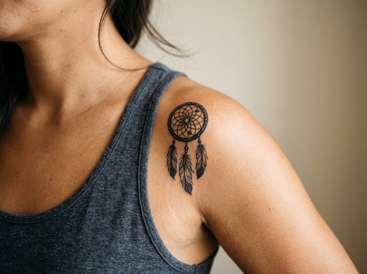 Feather tattoo: dreamcatcher with feathers on the shoulder
