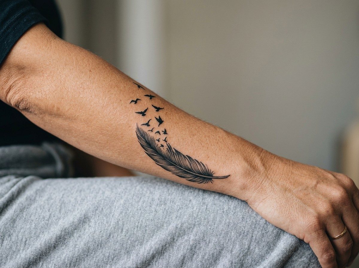 Feather tattoo: feather turning into birds on the outer forearm