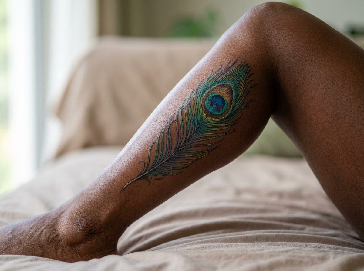 Feather tattoo: peacock feather on the lower leg (human calf muscle)