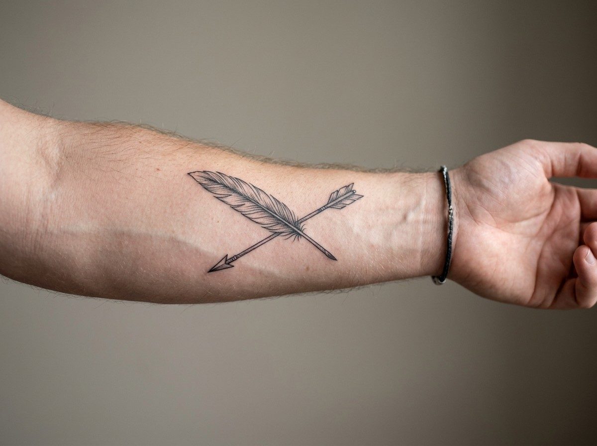 Feather tattoo: feather and arrow on the forearm