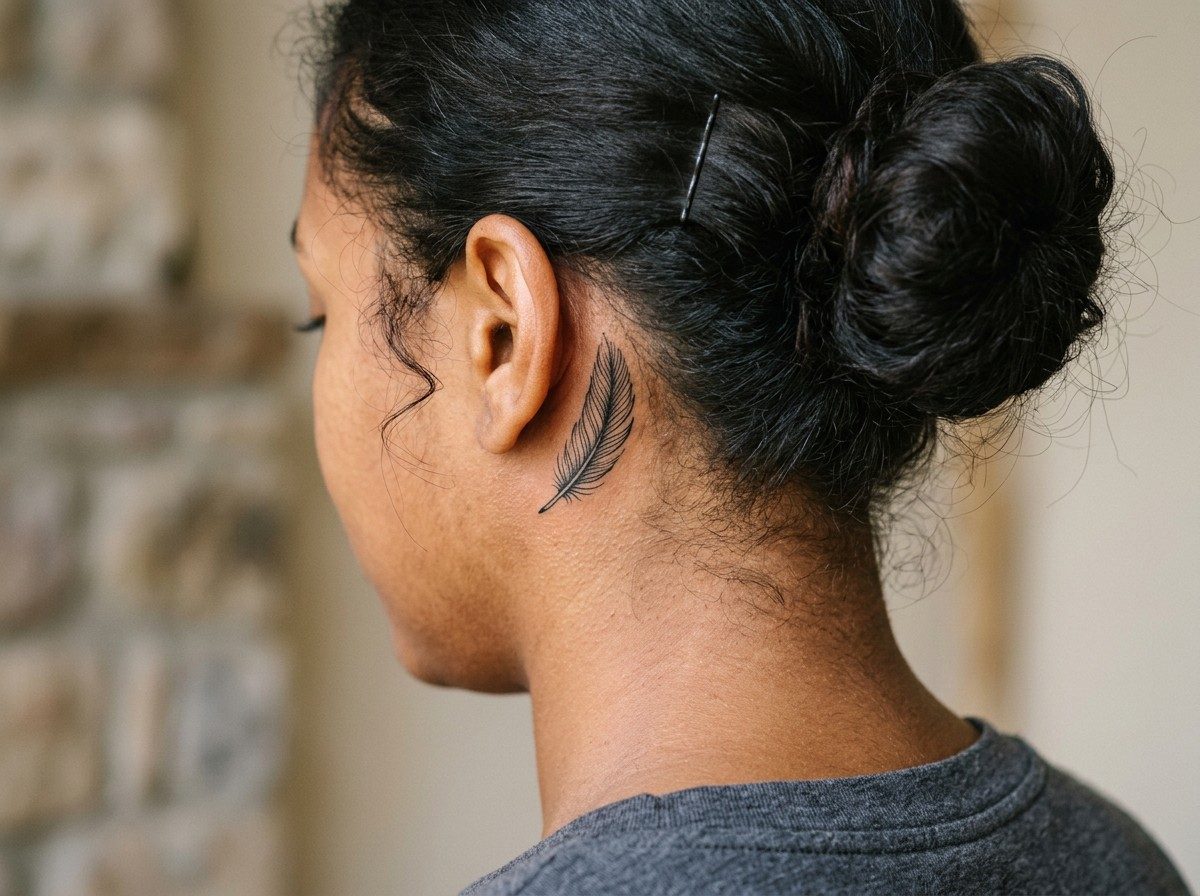 Feather tattoo: tiny feather behind the ear