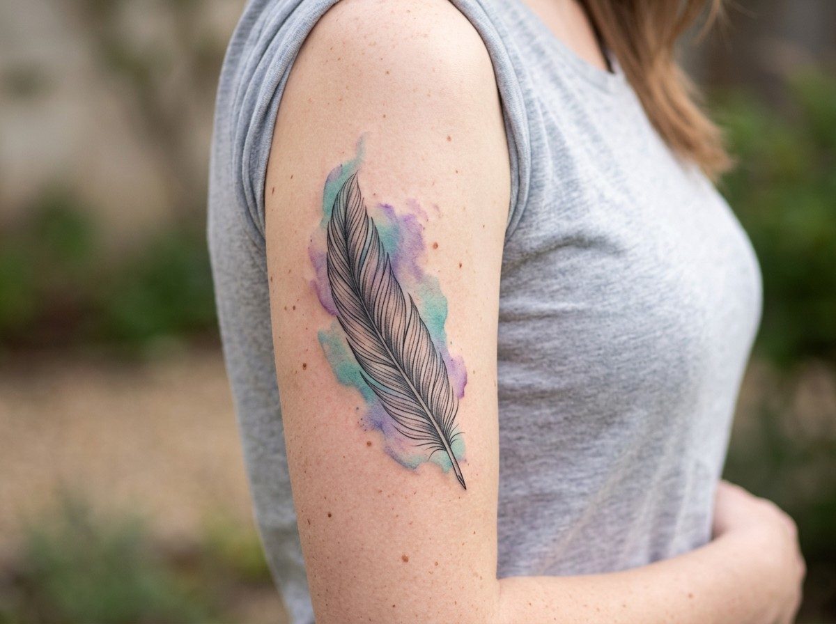 Feather tattoo: watercolor feather on the upper arm