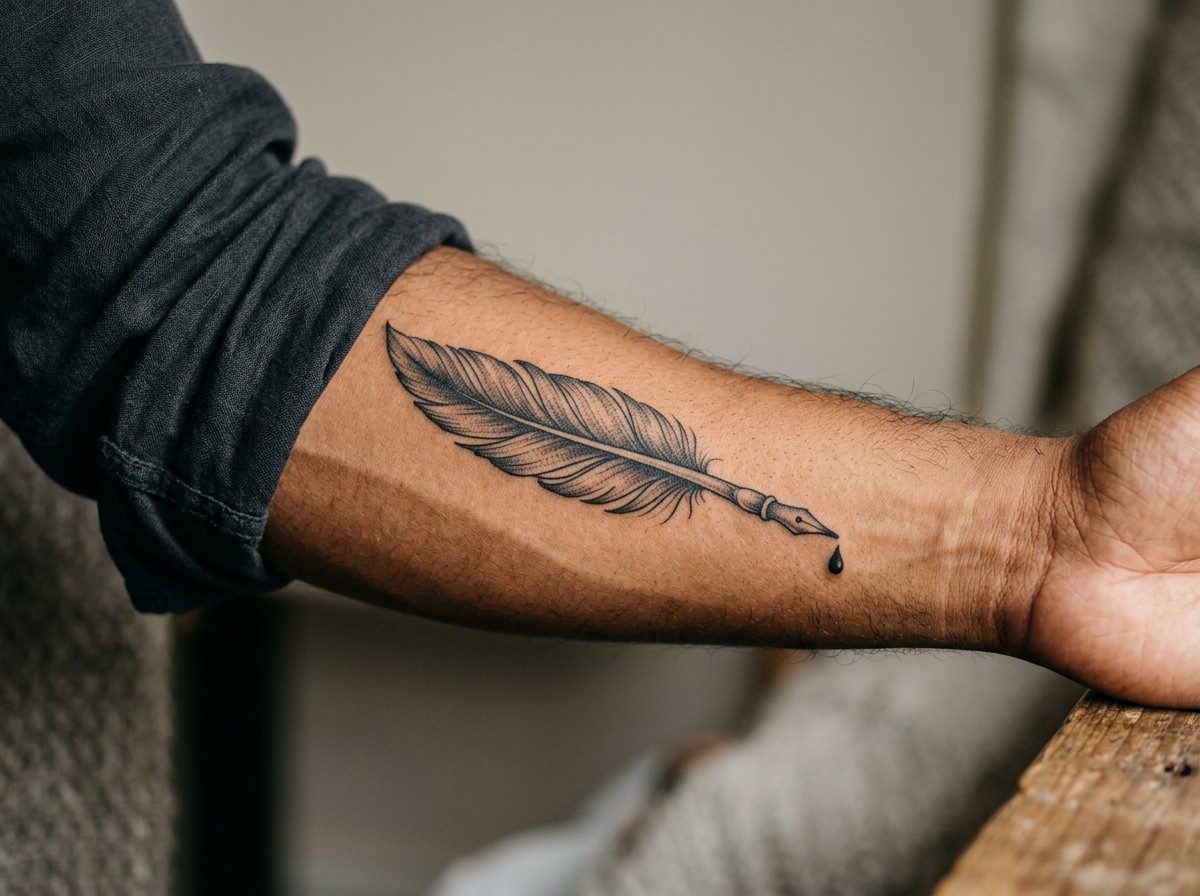 Feather tattoo: quill feather on the outer forearm