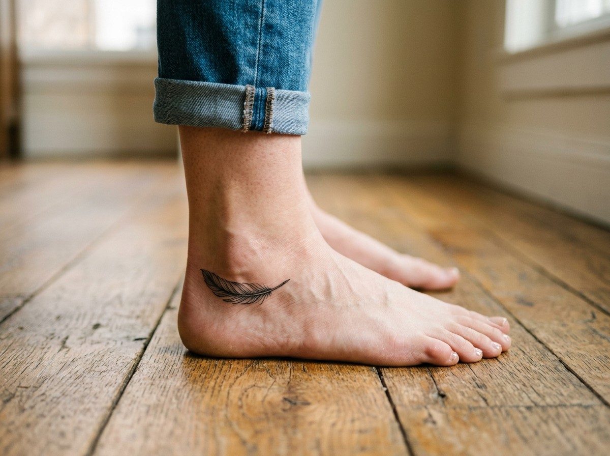 Feather tattoo: feather on the ankle on the ankle