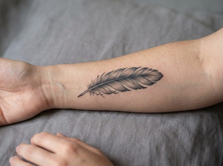 Feather tattoo: black and grey feather on the inner forearm