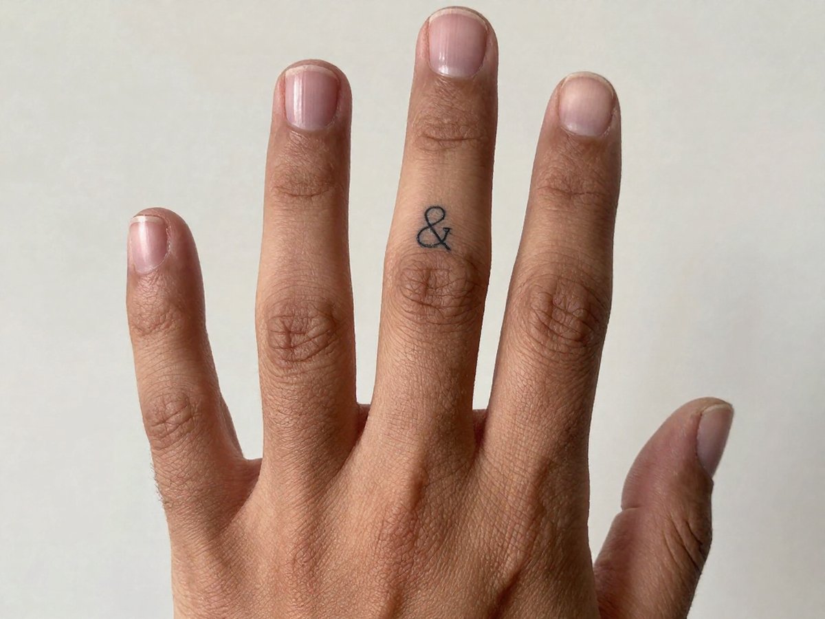 Tiny fine line minimalist ampersand symbol tattoo on the side of the finger