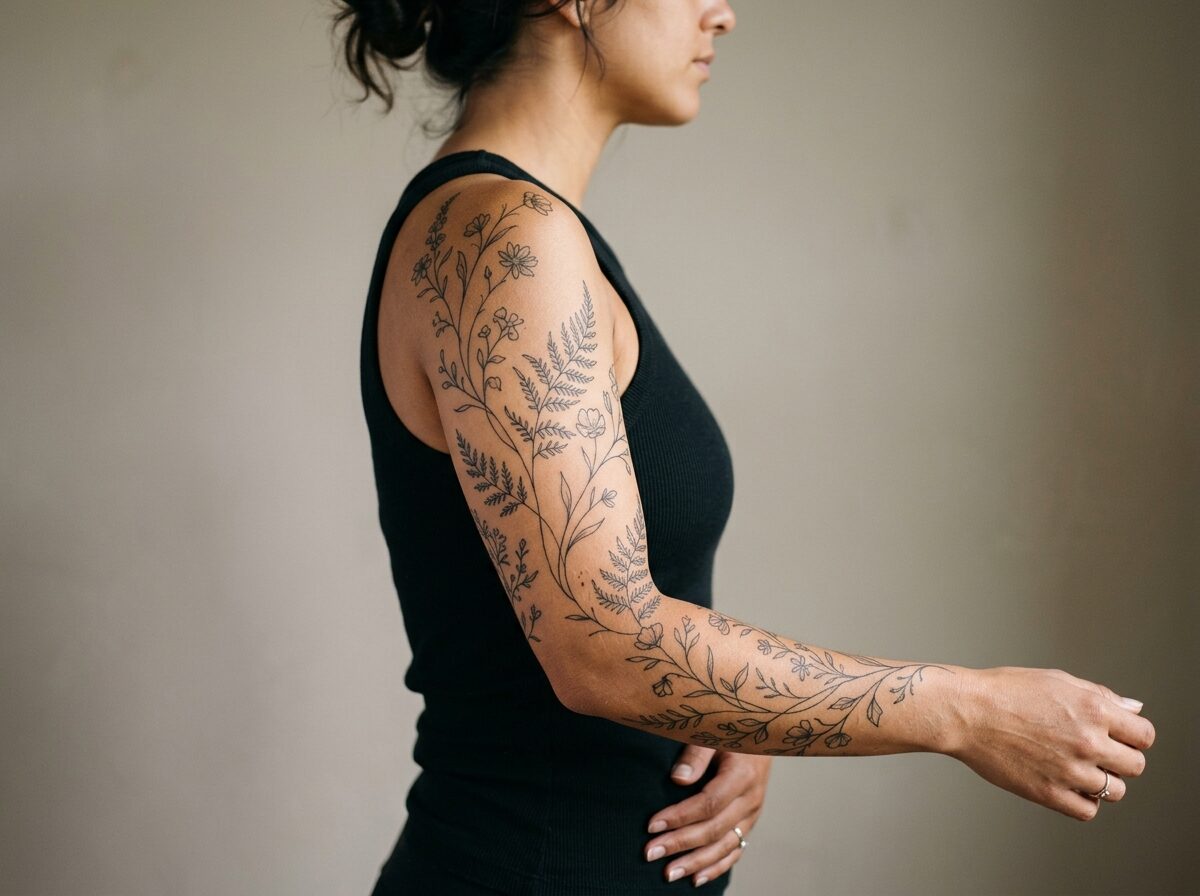 Fine line botanical sleeve tattoo for women