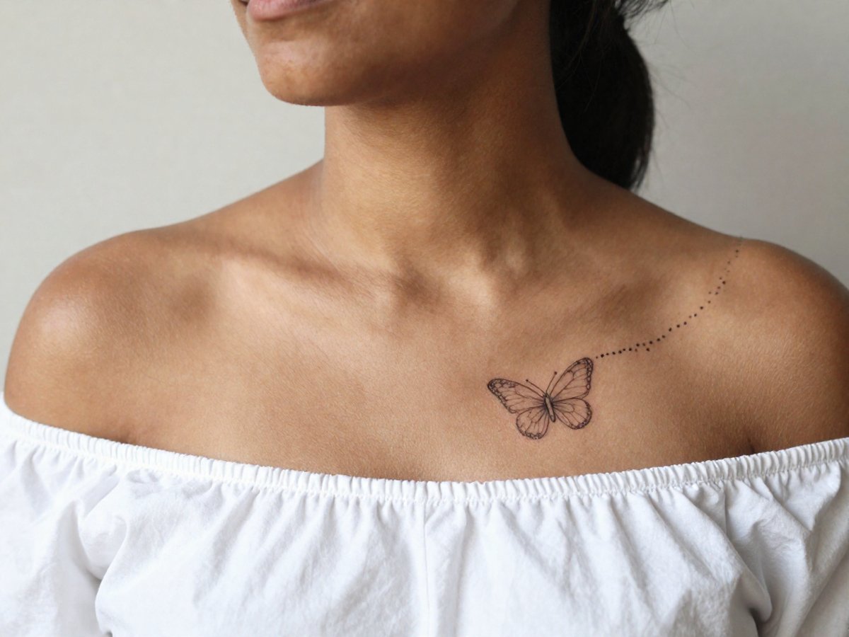 A fine line butterfly with a dotted flight trail on the collarbone