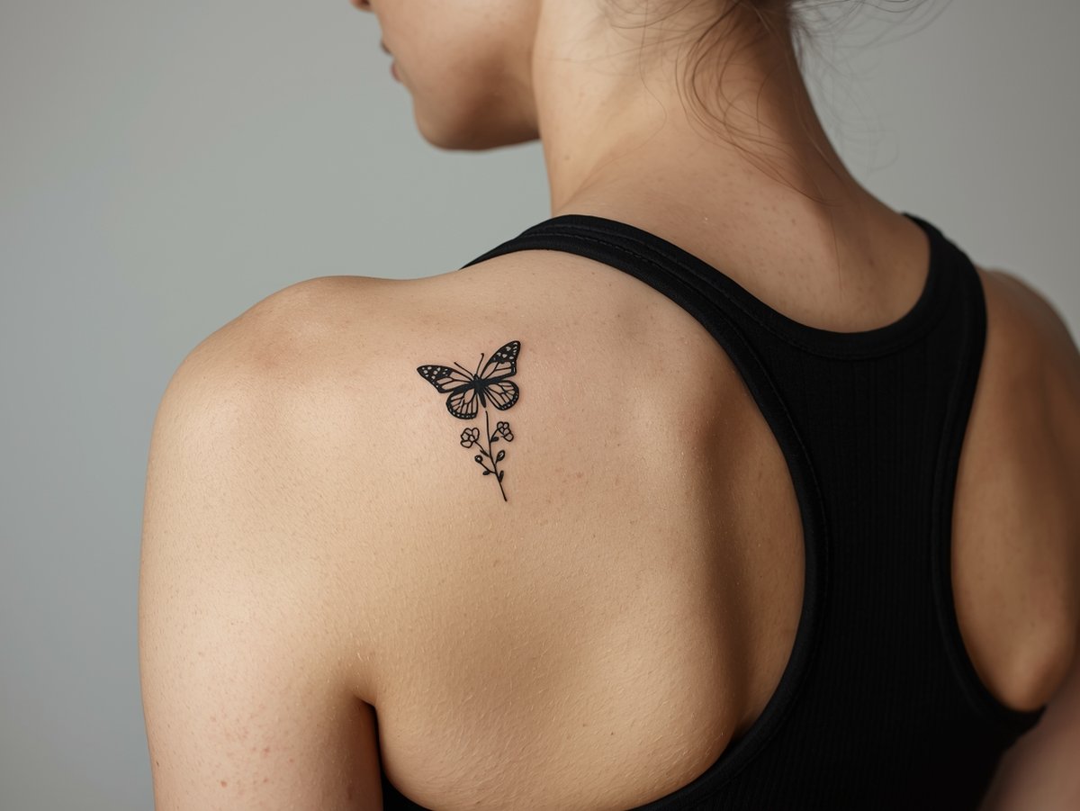 A small fine line butterfly over a sprig of tiny flowers on the back of the shoulder