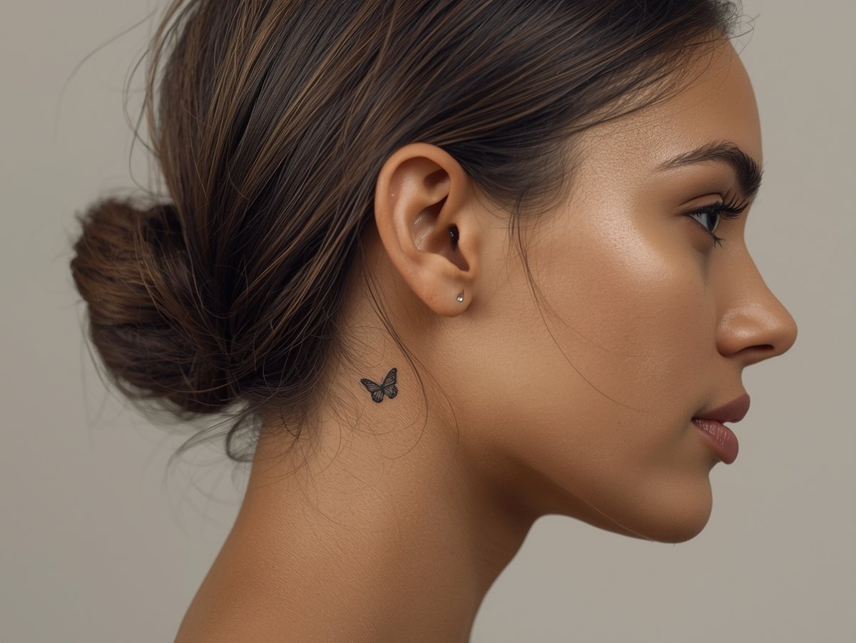 A fine line butterfly resting on a crescent moon behind the ear