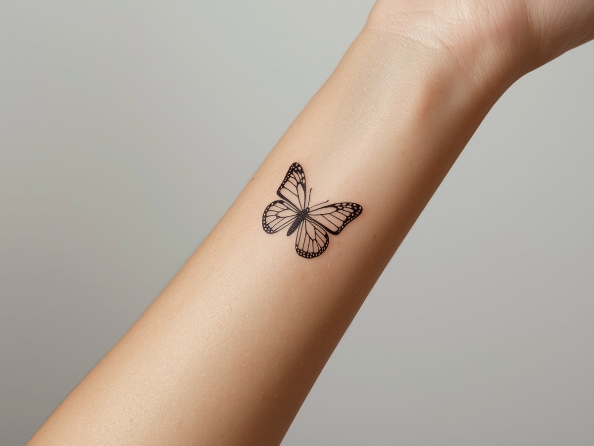 Fine line butterfly tattoo: A fine line butterfly with open wings, thin inner lines and tiny dots along the edges on the inner forearm