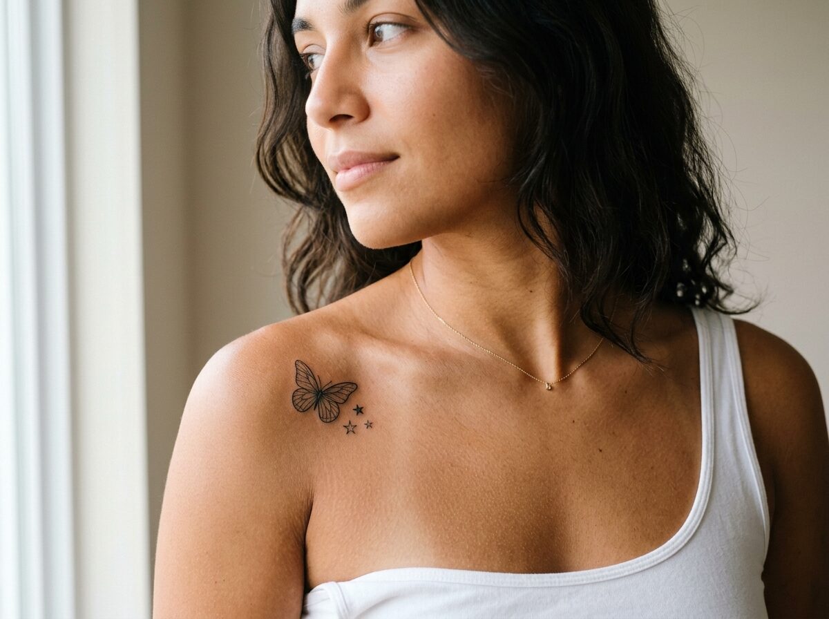 Fine line butterfly tattoo on the front of the shoulder