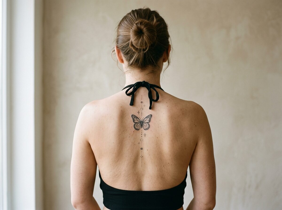 Butterfly back tattoo: fine line butterfly along the spine