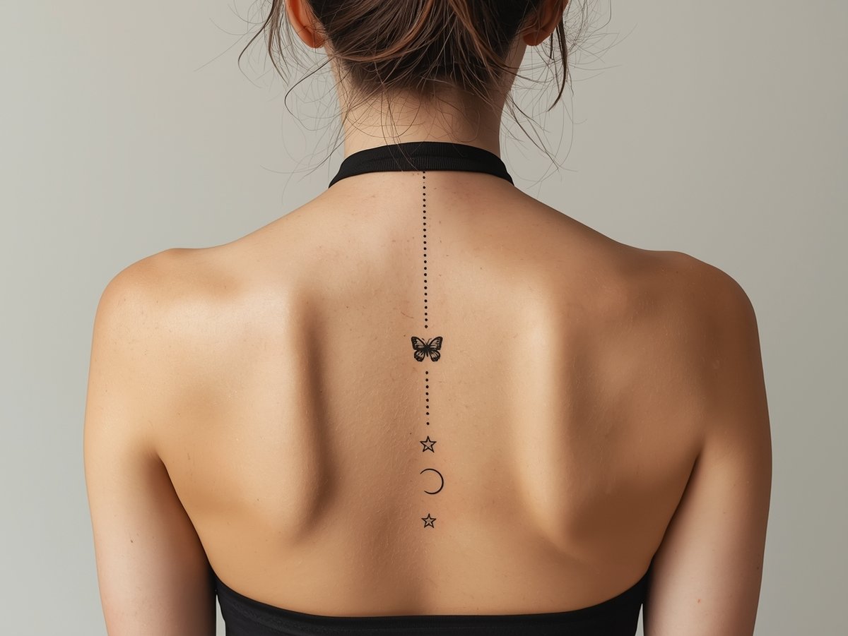 A vertical line of dots and dashes with a butterfly, a moon and a star on the spine