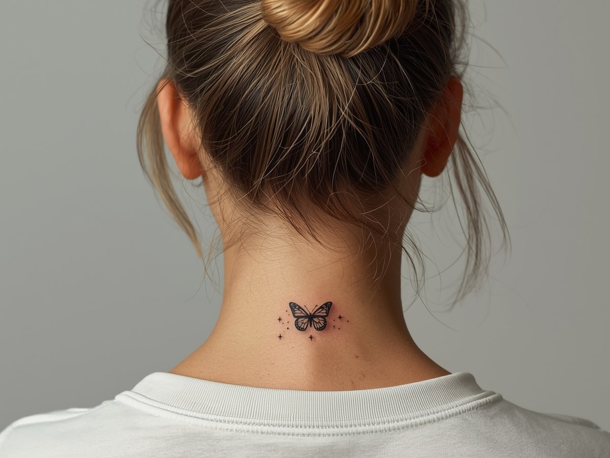 A small fine line butterfly with tiny stars and sparkles on the back of the neck