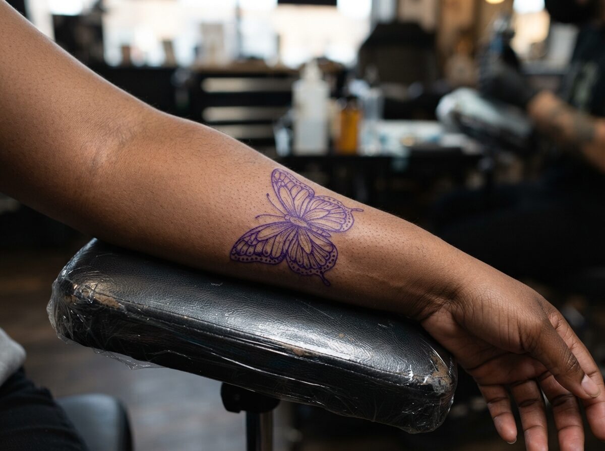 A fine line butterfly with delicate wing veins and dotted edges stencil on the inner forearm