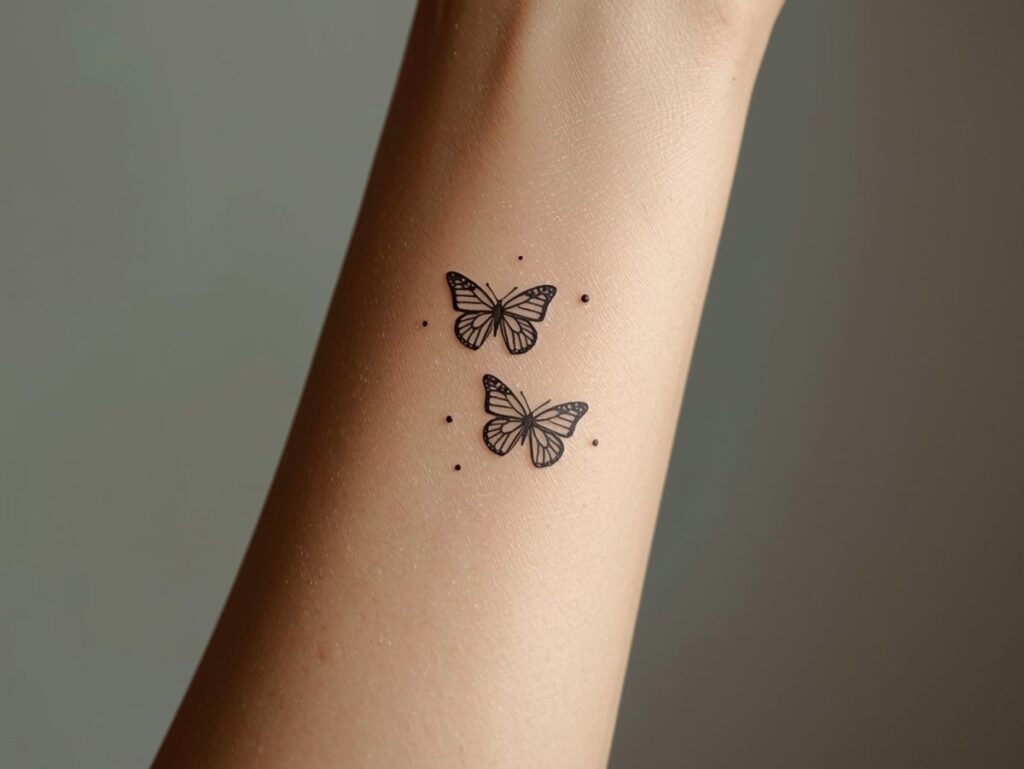 Fine line butterfly tattoo on the inner forearm