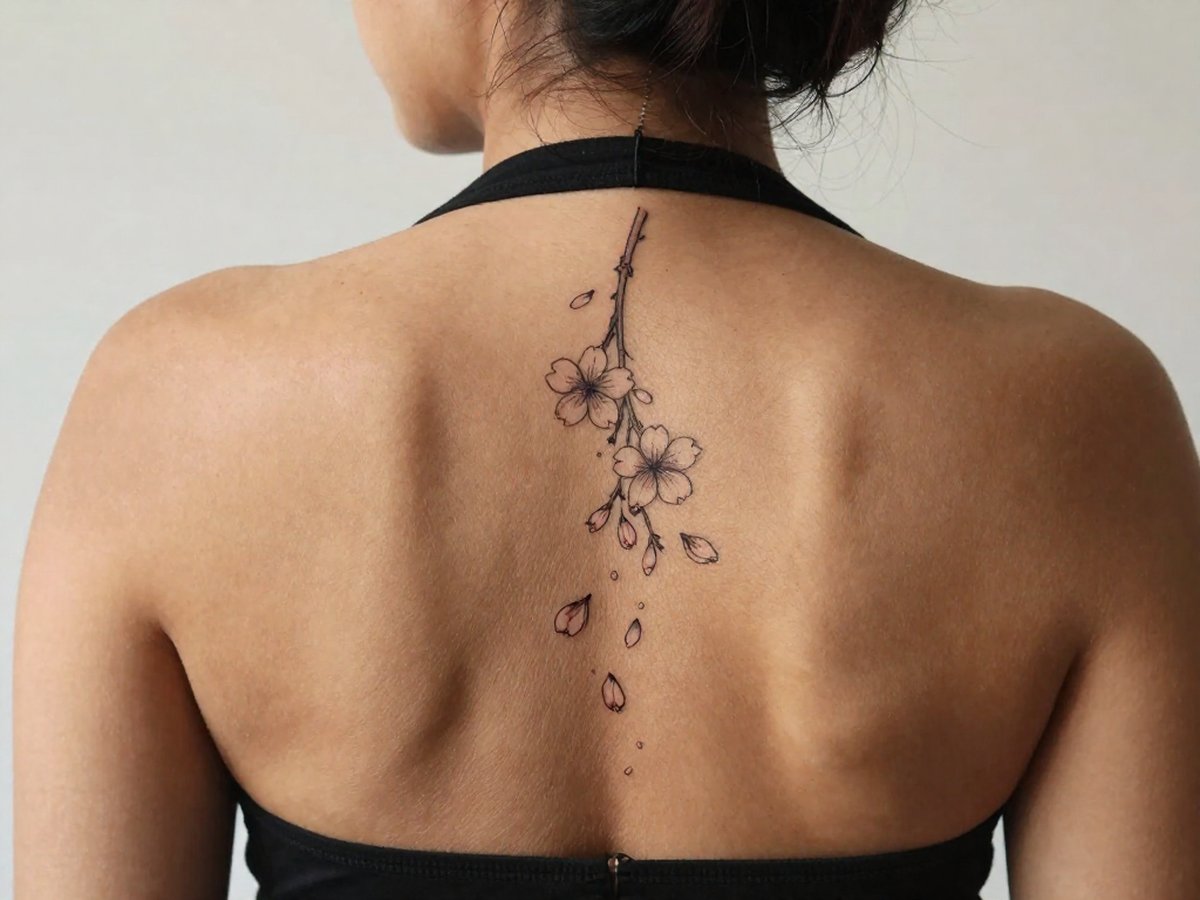 Single fine line cherry blossom with petals drifting downward tattoo on the spine