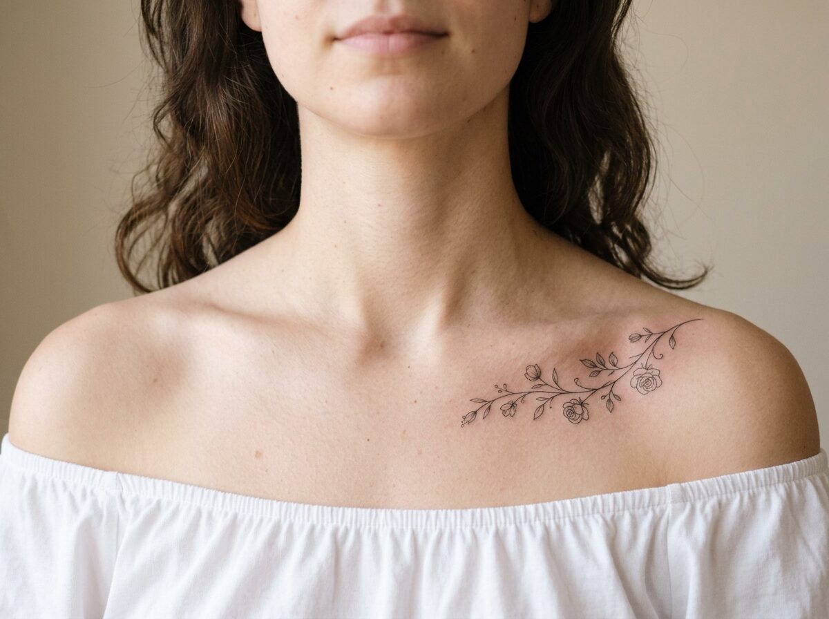 Collarbone tattoo: fine line floral vine along the collarbone