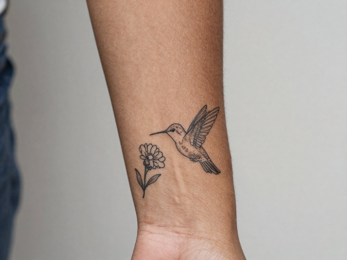 Fine line hummingbird reaching into a small flower tattoo on the inner forearm