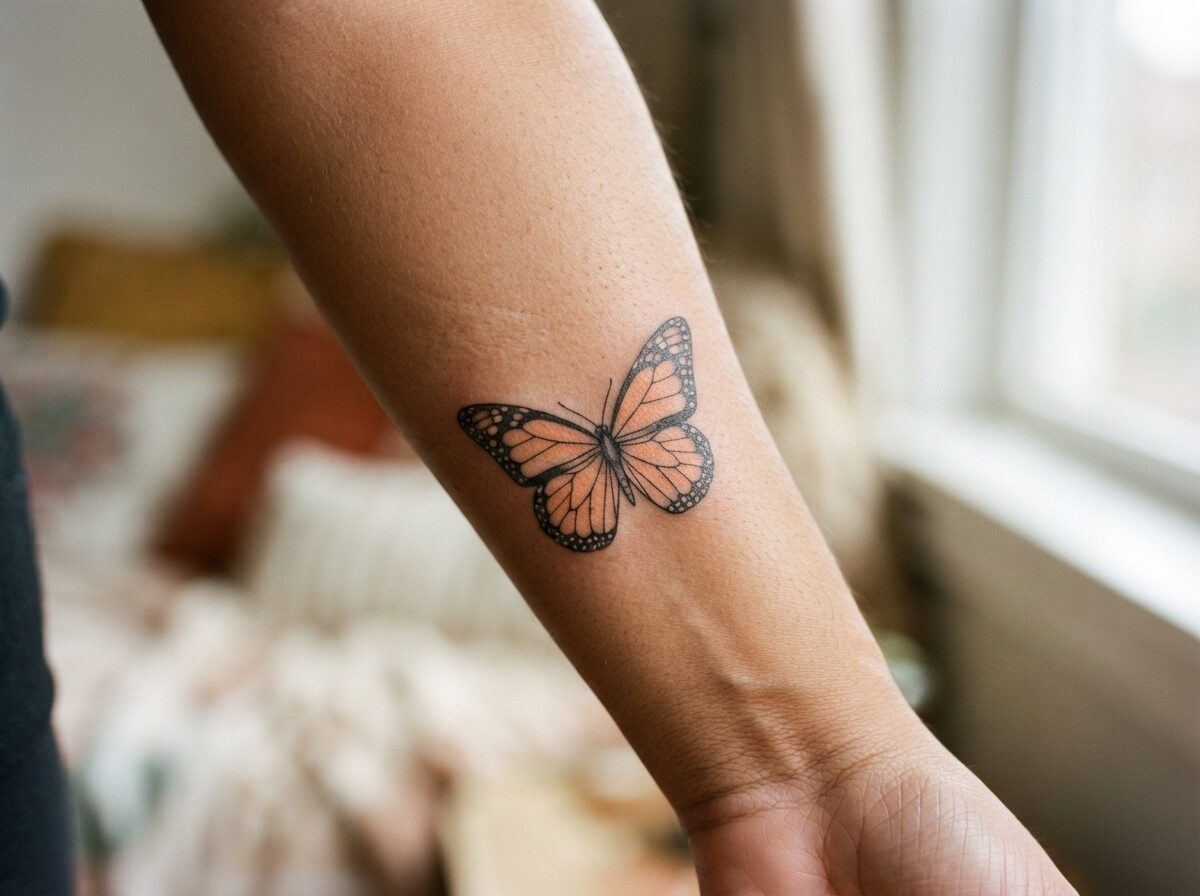 Fine line monarch butterfly tattoo on the inner forearm