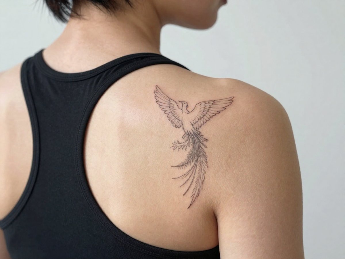 Fine line phoenix rising with long tail feathers tattoo on the shoulder blade